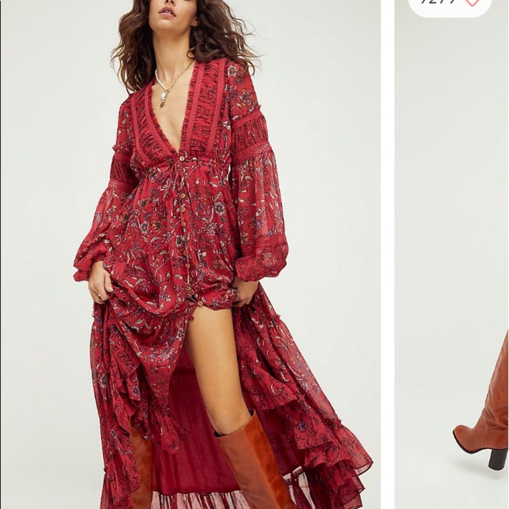 FREE PEOPLE CASSIS PRINTED CHIFFON MAXI DRESS RED